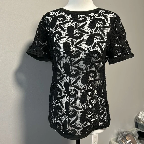 Ann Taylor Loft Black Crochet Short Sleeve Minimalist Top XS - Picture 10 of 10